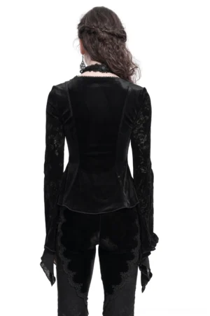 Black gothic long sleeve lace top rear view displaying fitted waist and floral lace flared sleeves