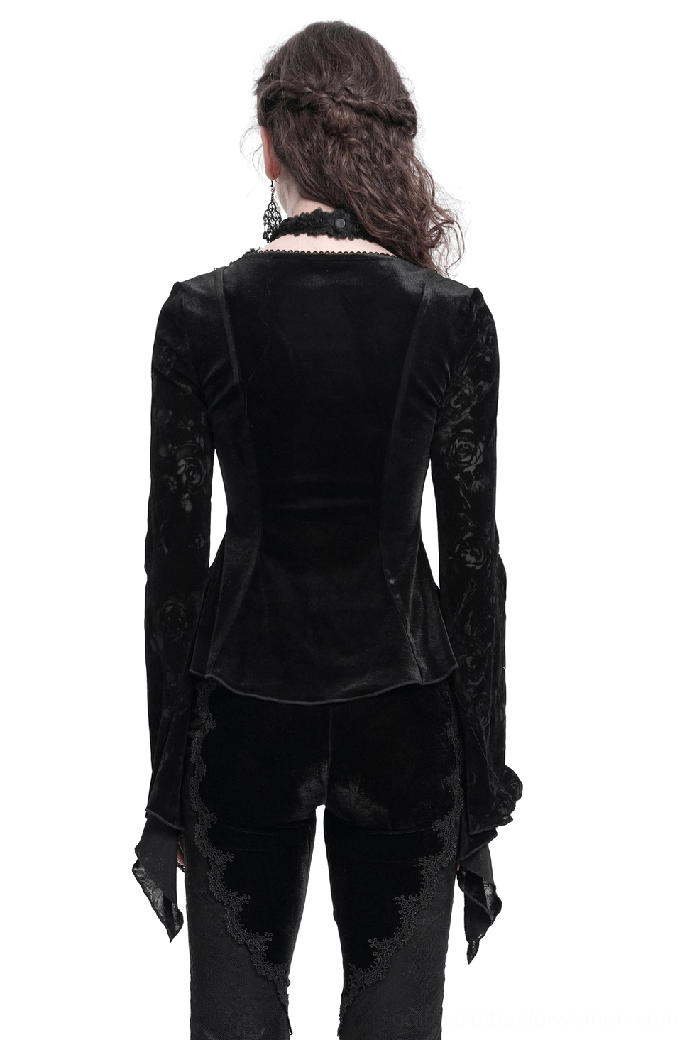 Black gothic long sleeve lace top rear view displaying fitted waist and floral lace flared sleeves