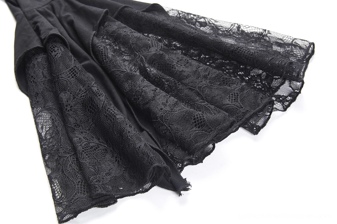 Full-length side profile showing dramatic bell sleeve silhouette of black gothic lace top