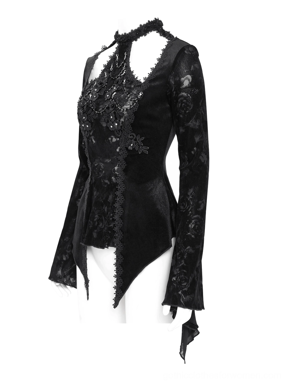 Black gothic halter neck velvet lace top side profile on mannequin highlighting fitted silhouette