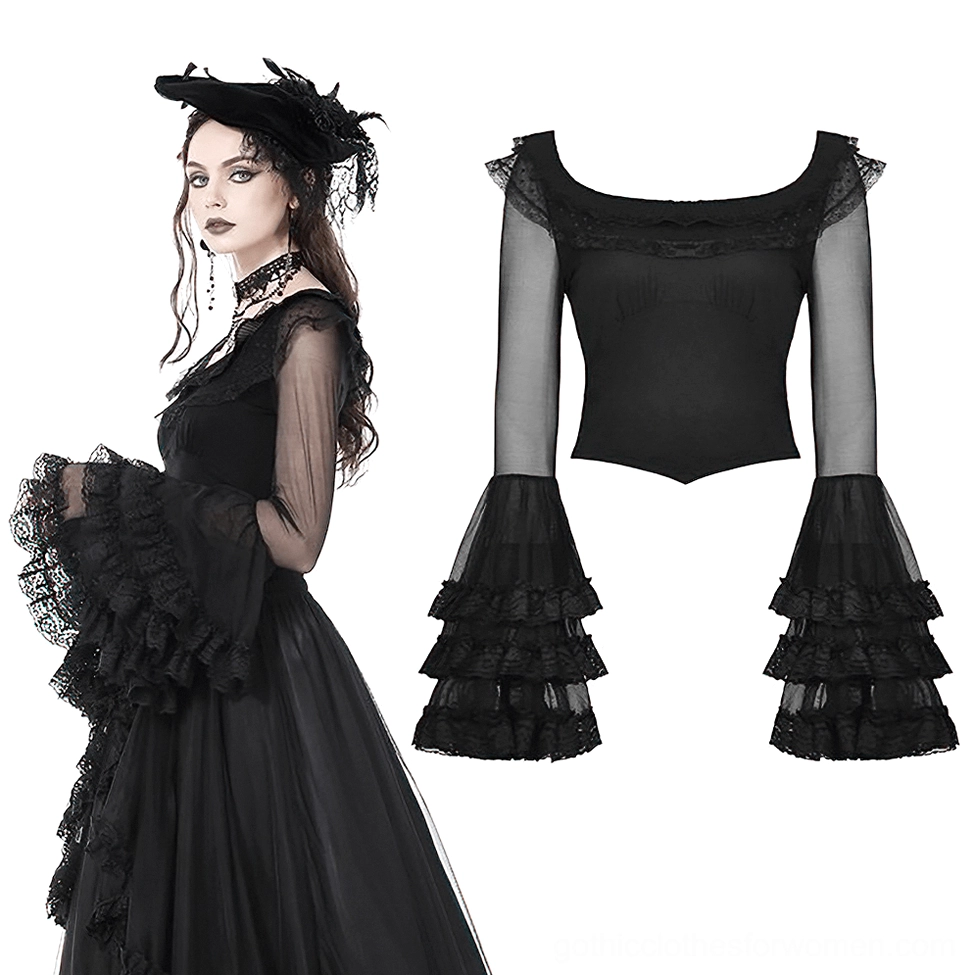 Black gothic lace bell sleeve top with fitted bodice - side profile and flat lay detail