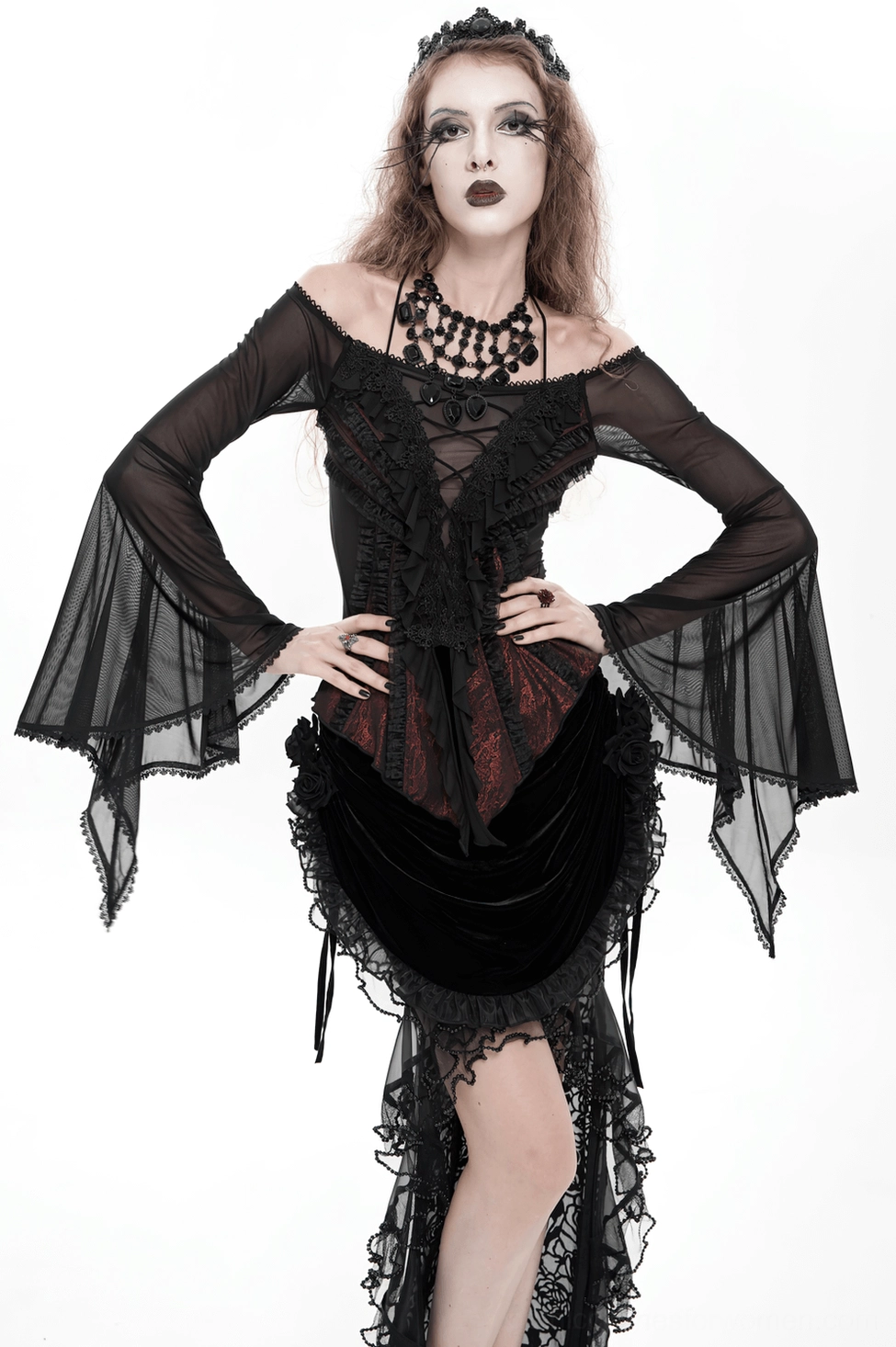 Off-shoulder gothic lace top overall silhouette on mannequin showing figure-hugging fit and ruffles