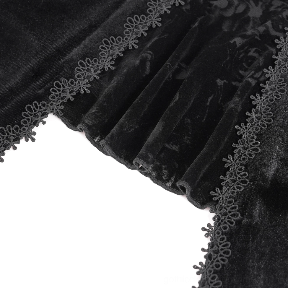 Black velvet gothic lace top cuff and sleeve detail showing delicate lace trim and extended sleeve design