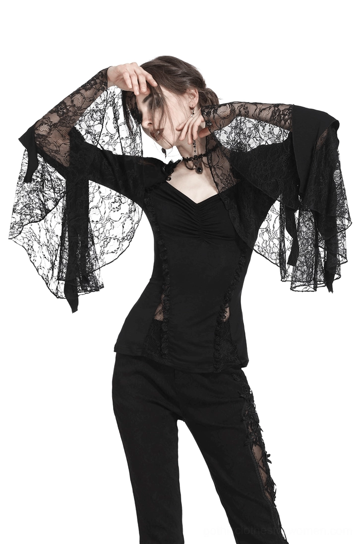 Model wearing black gothic romantic lace top paired with alternative styling