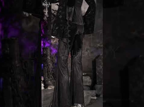 Black gothic lace top styled with matching dark aesthetic ensemble in purple mood lighting
