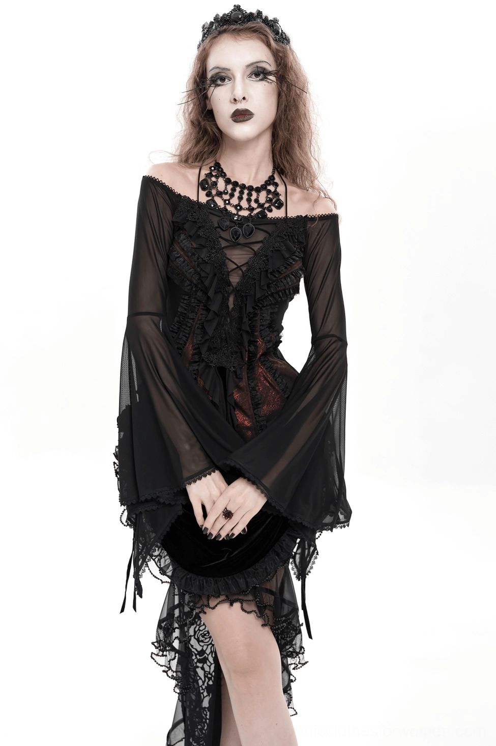 Black wine red gothic ruffle lace top waist and torso detail showing fitted construction