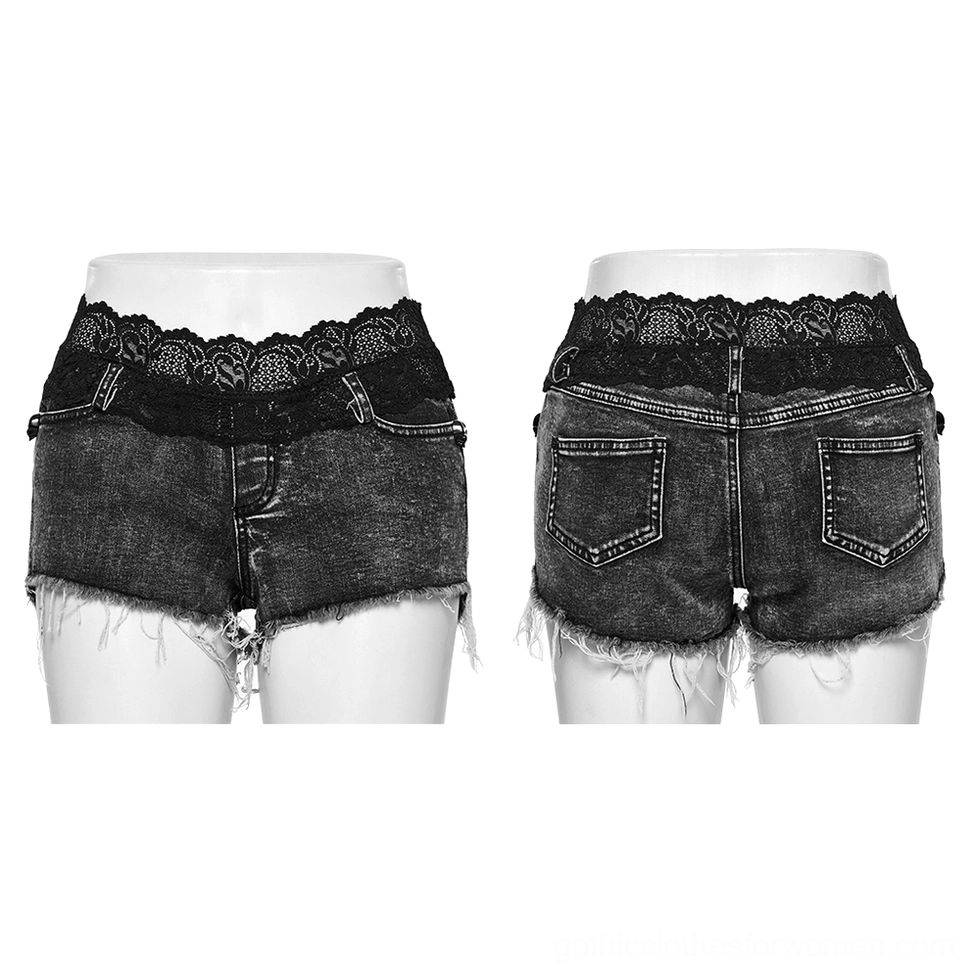 Black denim shorts with lace waist trim displayed on two mannequins showing front and back, scalloped lace detail and raw hem