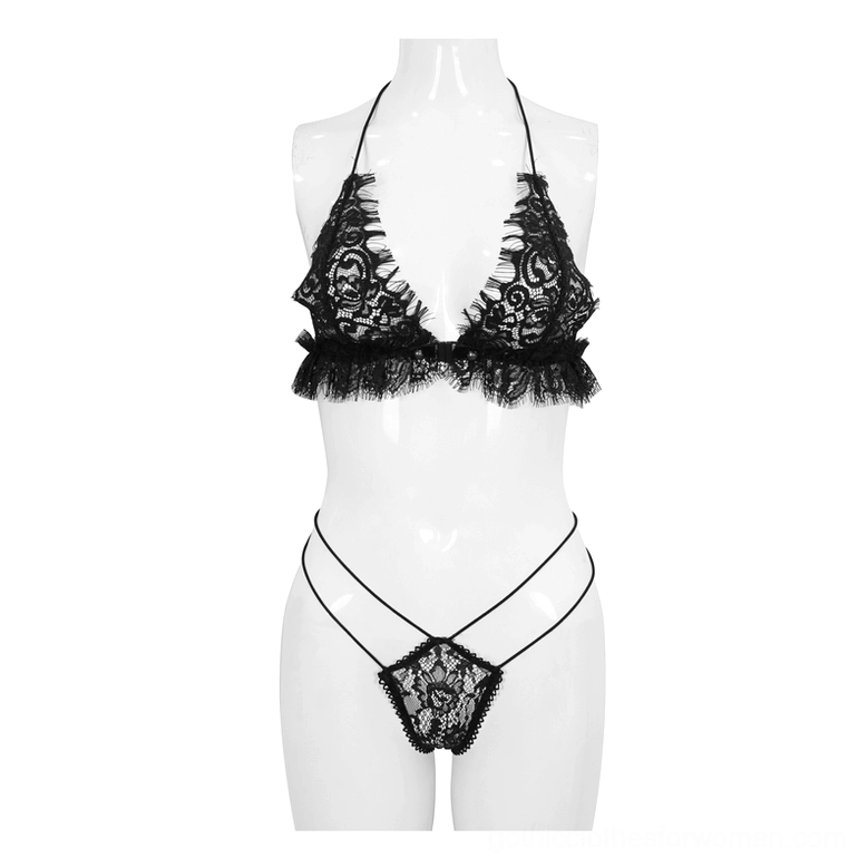 Black floral lace gothic lingerie set mannequin front full view detailed lace pattern