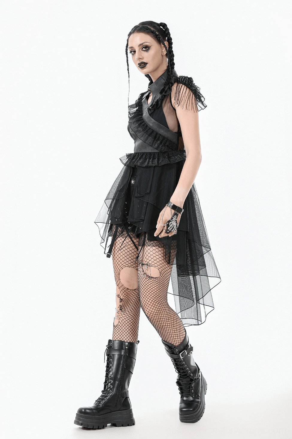 Gothic tiered tulle dress back detail highlighting the corset lace-up structure and layered tulle tiers