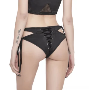 Black gothic swimwear back view with back lacing corset design and adjustable side tie straps