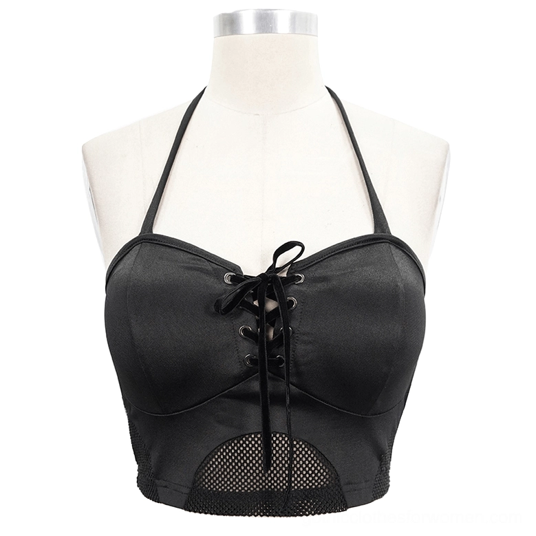 Black gothic bikini top on mannequin displaying front lace-up design and padded cup construction