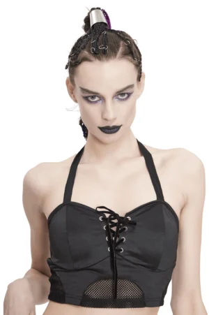 Black gothic lace-up halter bikini top front view on model with dark makeup and alternative fashion styling