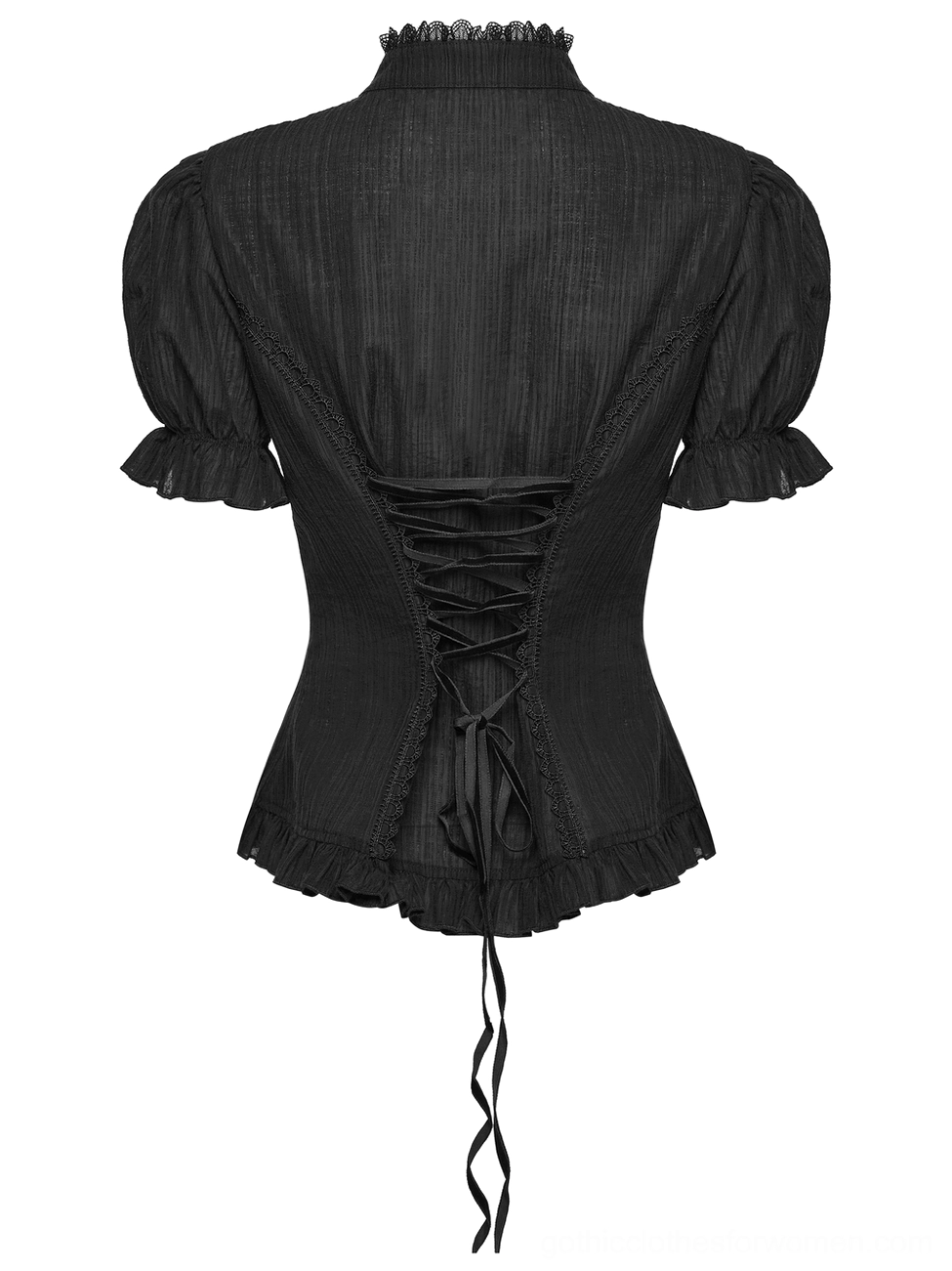 Black gothic blouse back flat lay showcasing ribbon lace-up waist, ruffled puff sleeve cuffs and romantic hem details