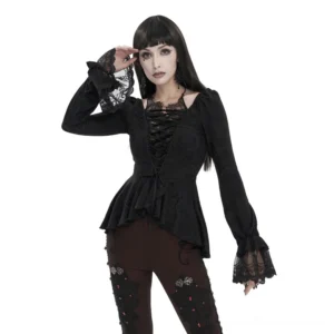 Black gothic lace-up blouse with flared bell sleeves and asymmetrical peplum hem, front three-quarter view on model