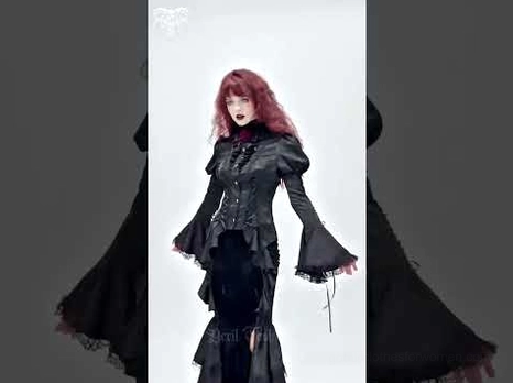 Side Profile of Gothic Lace-Up Bell Sleeve Blouse Paired with Black Mermaid Skirt