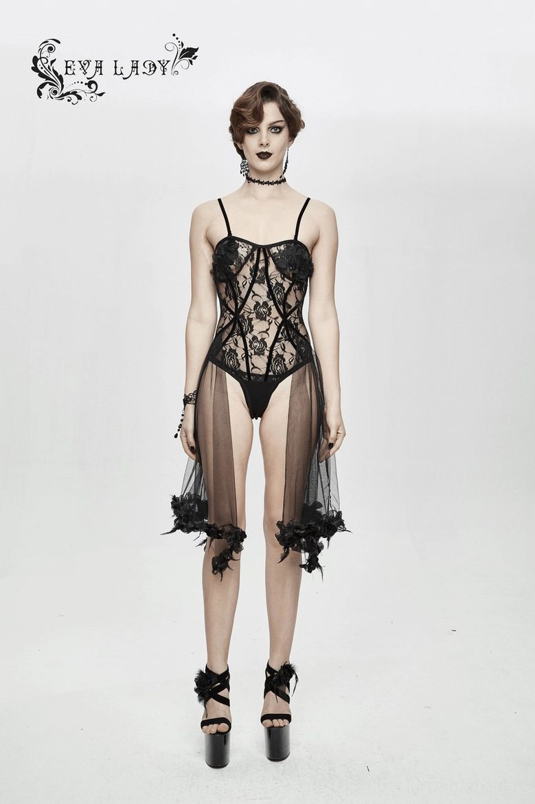 Gothic black lace bodysuit showing lace-up back closure detail and feathered skirt hem construction