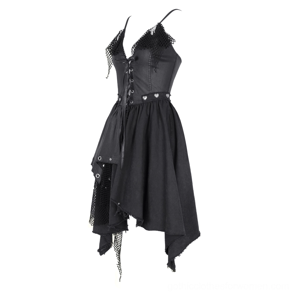 Full front studio shot of black gothic asymmetric dress with lace-up corset top and uneven fishnet hemline
