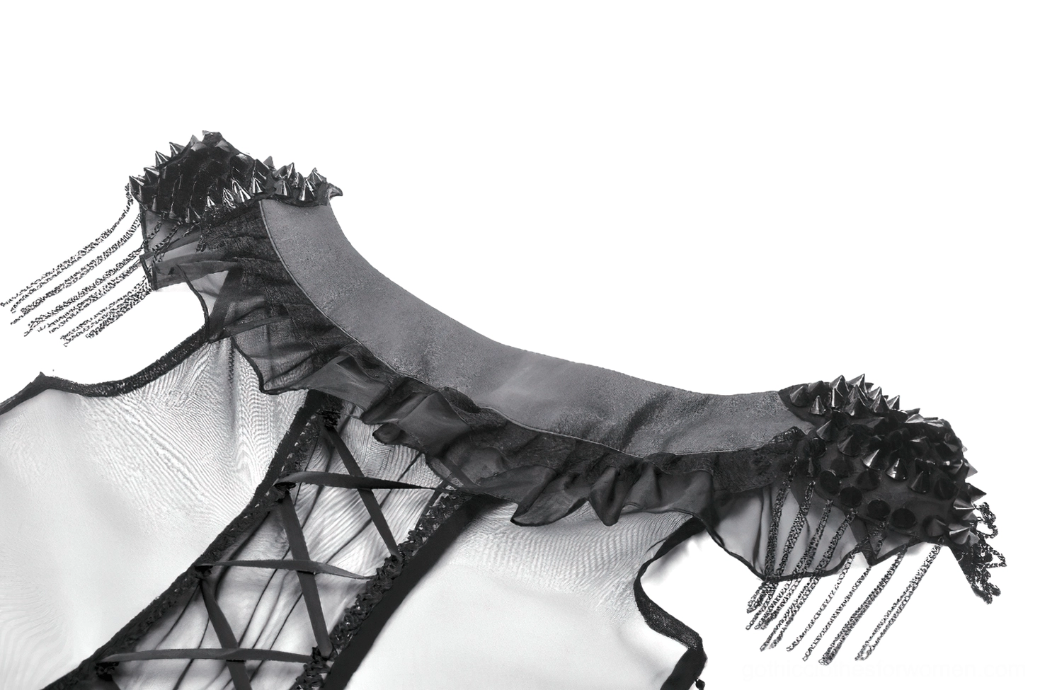 Close-up detail of gothic dress back corset area showing precise lace-up closure, eyelet stitching, ruffled off-shoulder trim, and tassel fringe