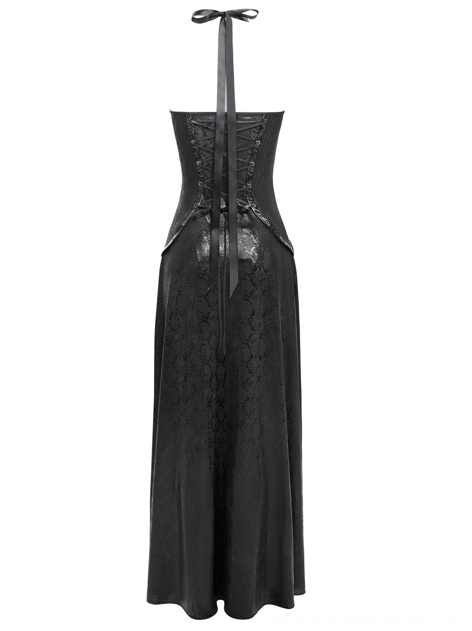 Back flat lay view of black gothic maxi dress showing lace-up corset detail and halter strap attachment