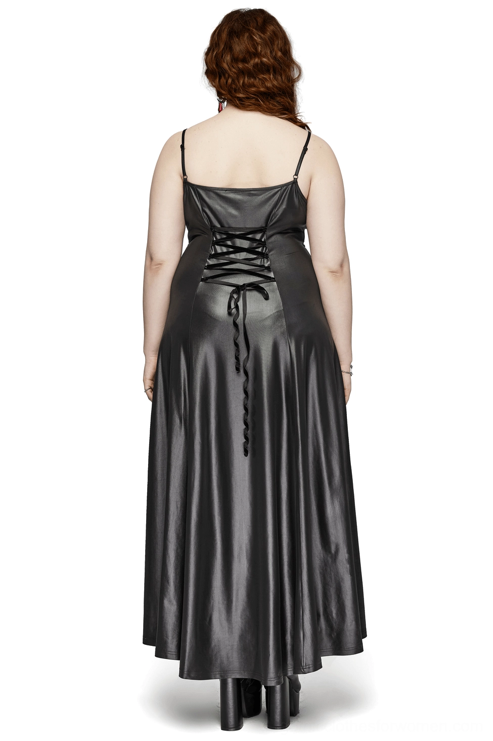 Black gothic maxi dress featuring dramatic lace-up corset back design, rear full-body shot on plus-size model
