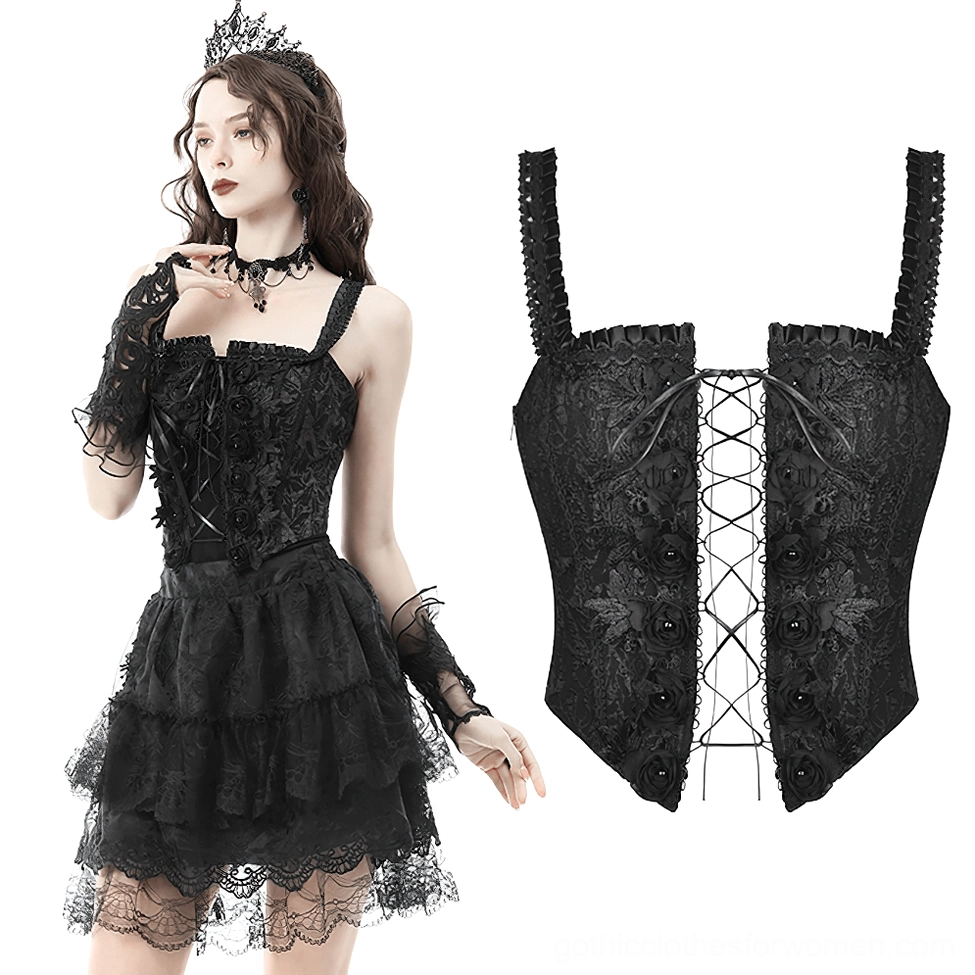 Full-body gothic outfit featuring black lace-up corset with beaded roses paired with tiered tulle skirt and gothic accessories