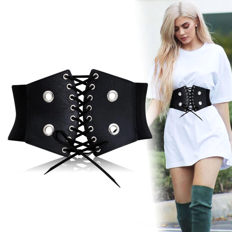 Black corset waist belt studio display featuring lace-up ties and silver circular metal grommets detail