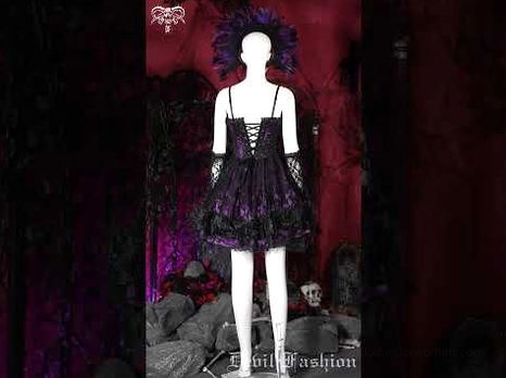 Back view of gothic corset mini dress on mannequin showcasing lace-up back closure and ruffled satin hem