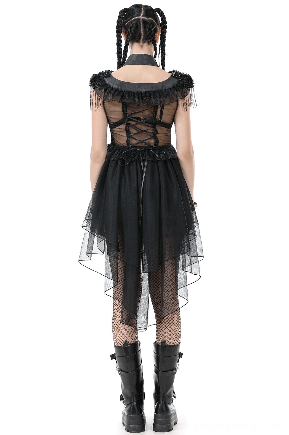 Black gothic tiered tulle dress back view showing corset lace-up closure, high-low asymmetrical skirt with sheer mesh panels, perfect for alternative fashion