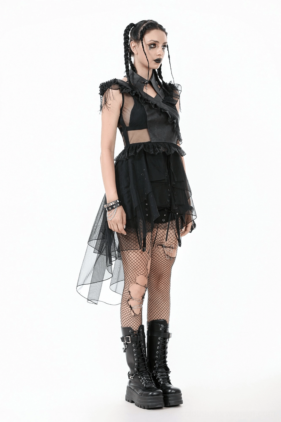 Full view gothic lace-up corset tiered tulle dress in black with complete design silhouette for dark romantic fashion