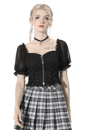 Black gothic lace-up zip crop top front view on model, sheer puff sleeves and metal zipper detail