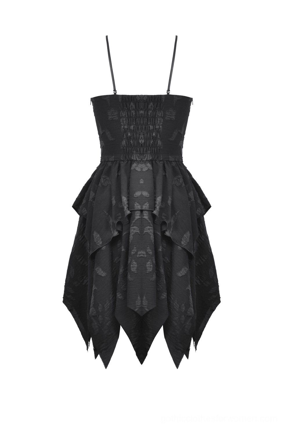 Flat lay back view of gothic lace-up black dress showing smocked elastic back panel construction