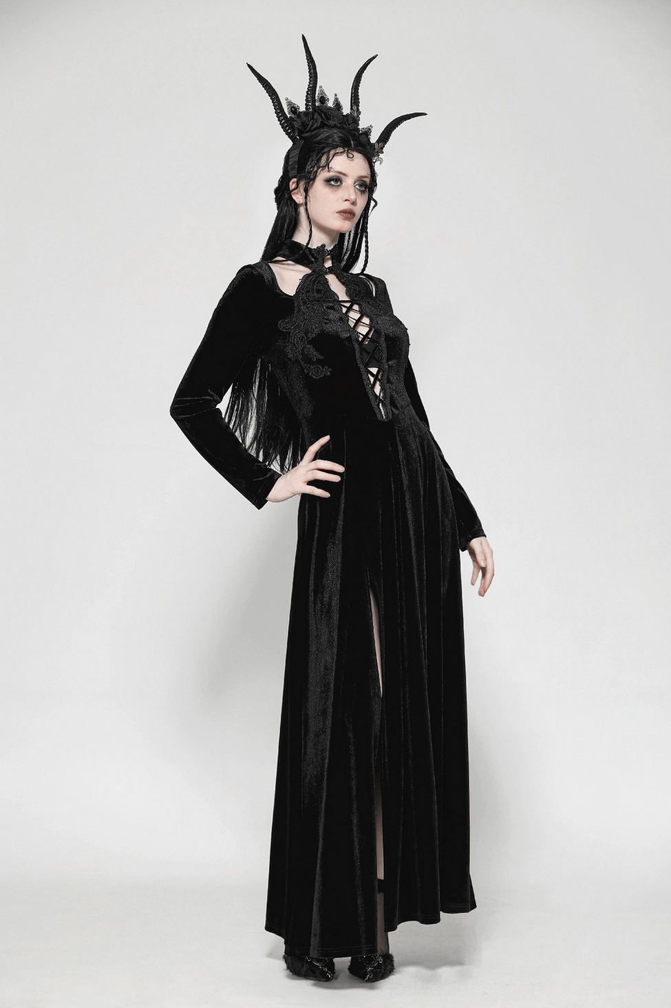 Gothic dress overall styling view showing complete silhouette with long sleeves, floor-length hem, and high slit placement