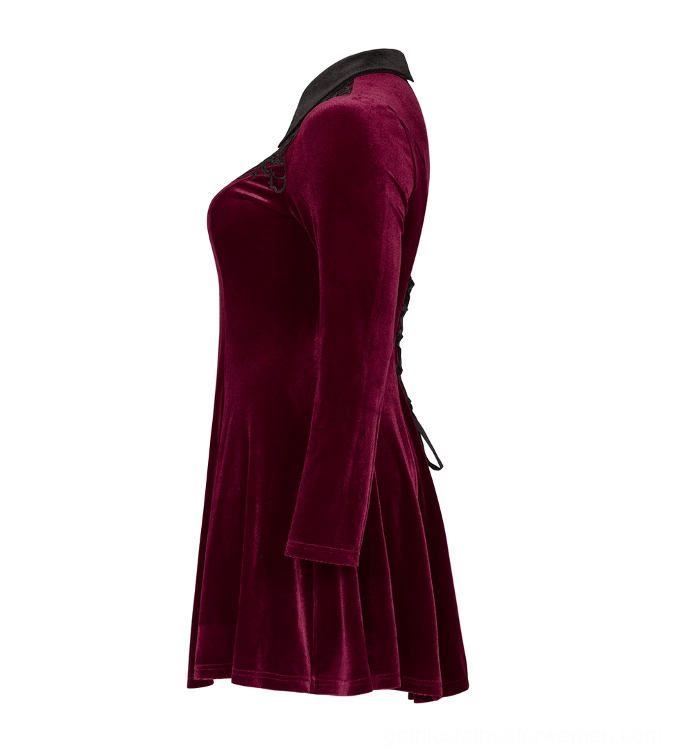Gothic lace-up dress side profile showing slim fitted silhouette and long extended sleeves with hidden back corset lacing