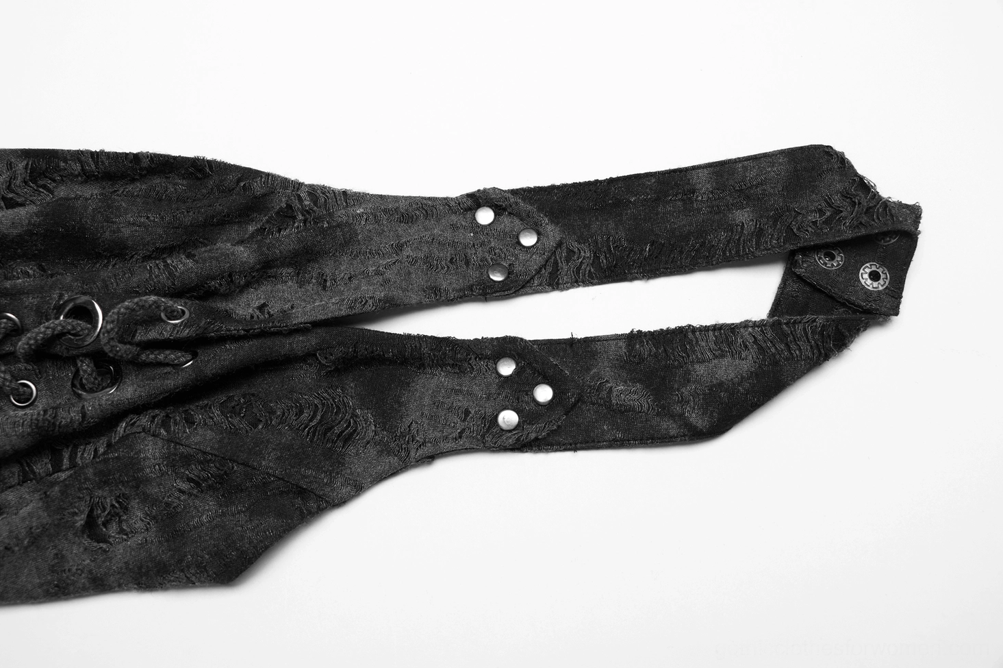 Dark gray gothic lace-up halter crop top styling detail on model showing pointed hem silhouette and distressed knit aesthetic