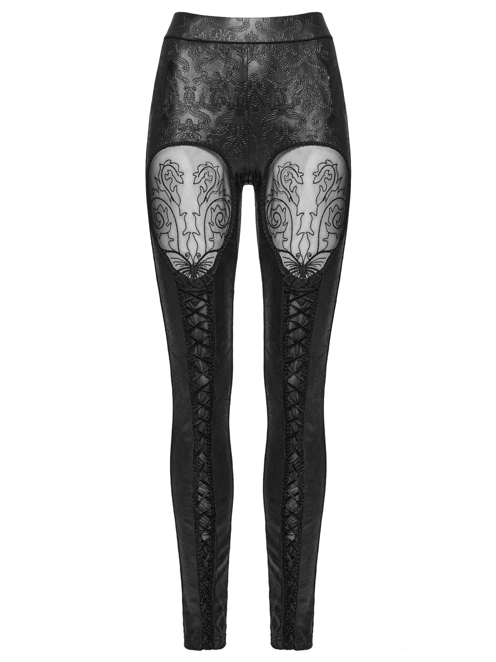 Gothic lace-up leggings with embossed floral pattern and strategic thigh cutouts, flat lay front view