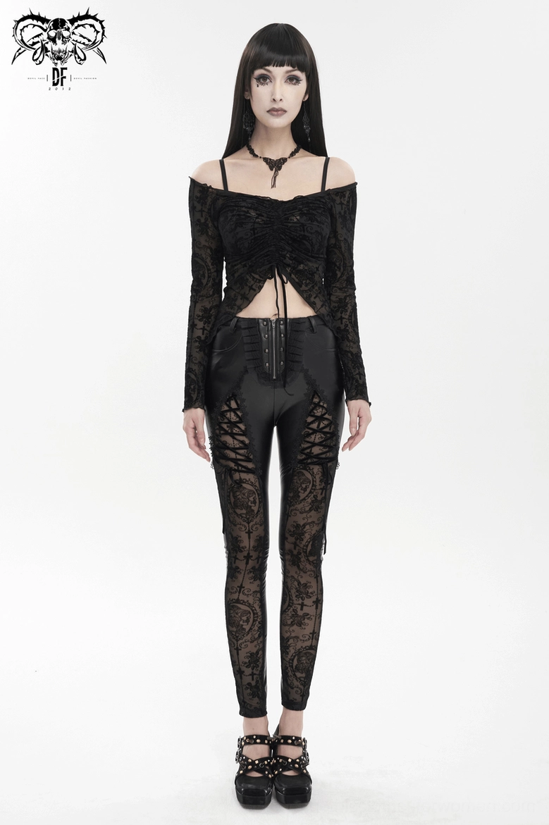 Black gothic lace-up leggings full view showing overall design and punk aesthetic elements