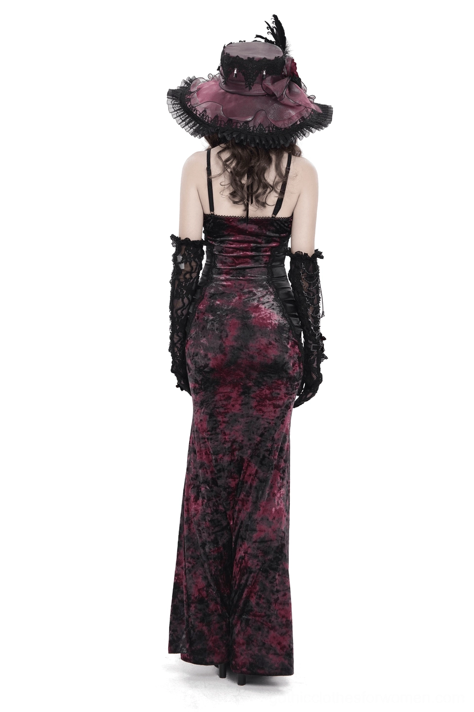 Back view of burgundy tie-dye gothic lace-up mermaid dress with spaghetti straps and elegant back design
