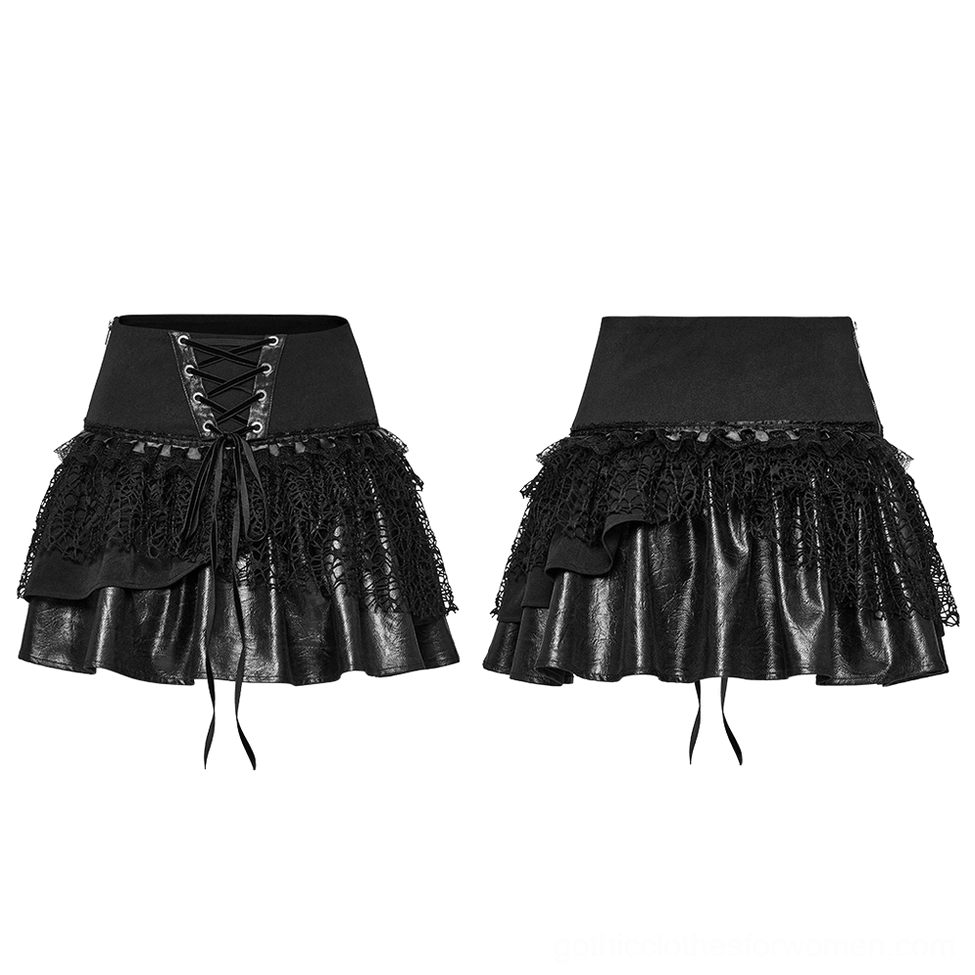 Black gothic lace-up mini skirt flat lay dual angle view showing layered mesh and faux leather construction with ruffled design details
