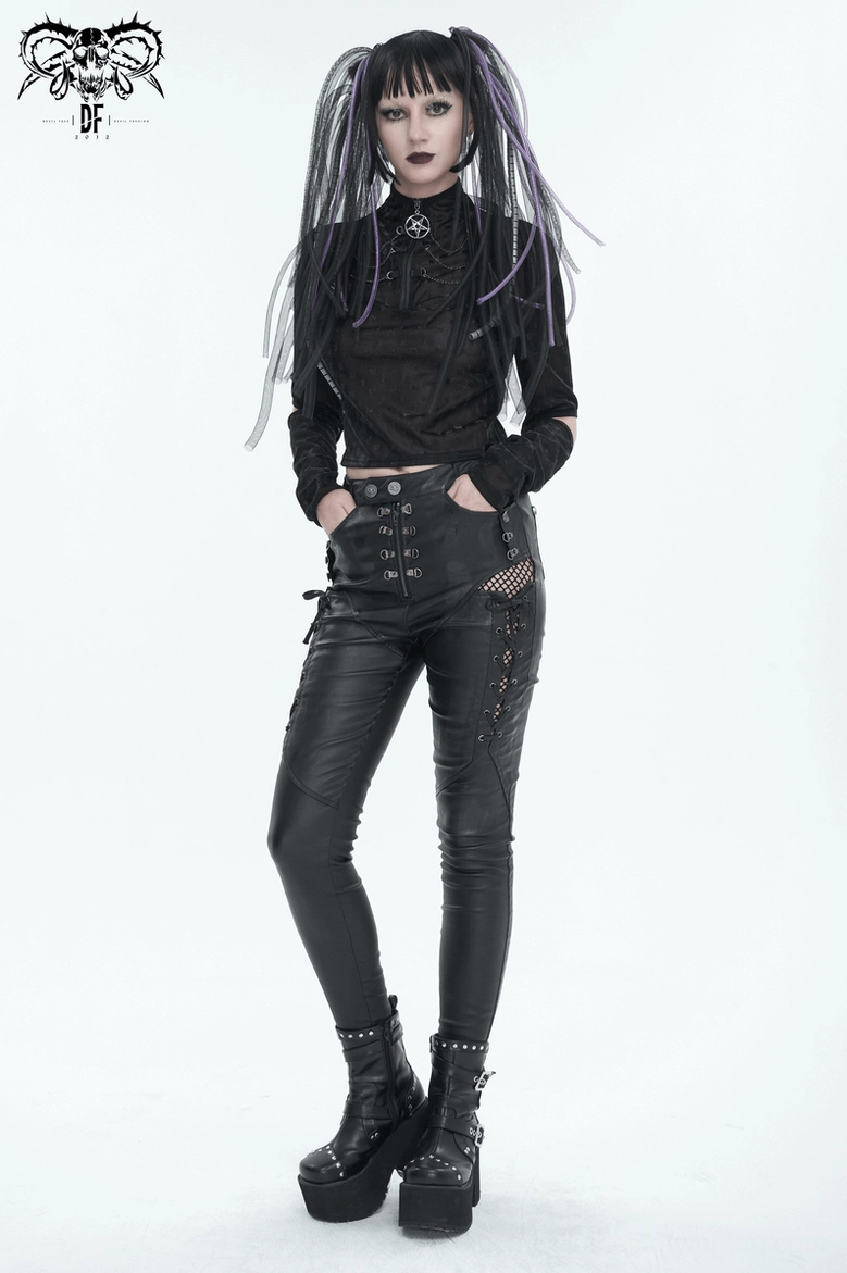 Black lace-up gothic skinny pants paired with dark accessories for complete gothic alternative outfit