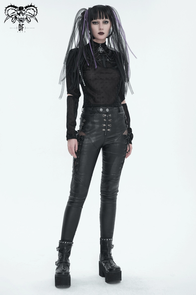 Black lace-up gothic skinny pants worn with dark goth aesthetic clothing and gothic footwear