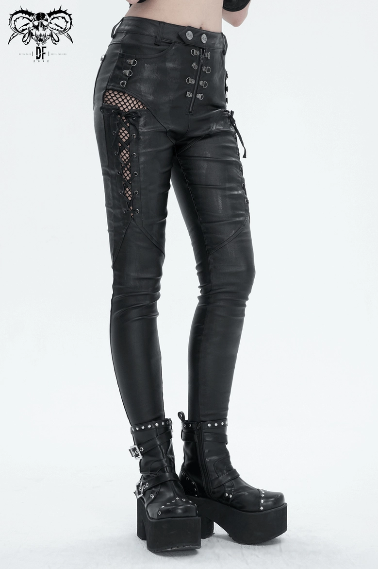 Black lace-up gothic skinny pants worn with sheer elements and delicate jewelry for elevated gothic aesthetic
