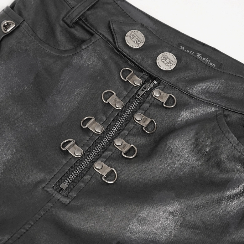 Black lace-up gothic skinny pants side fishnet lace-up close-up detail, displaying fabric laces, metal eyelets, and faux leather texture