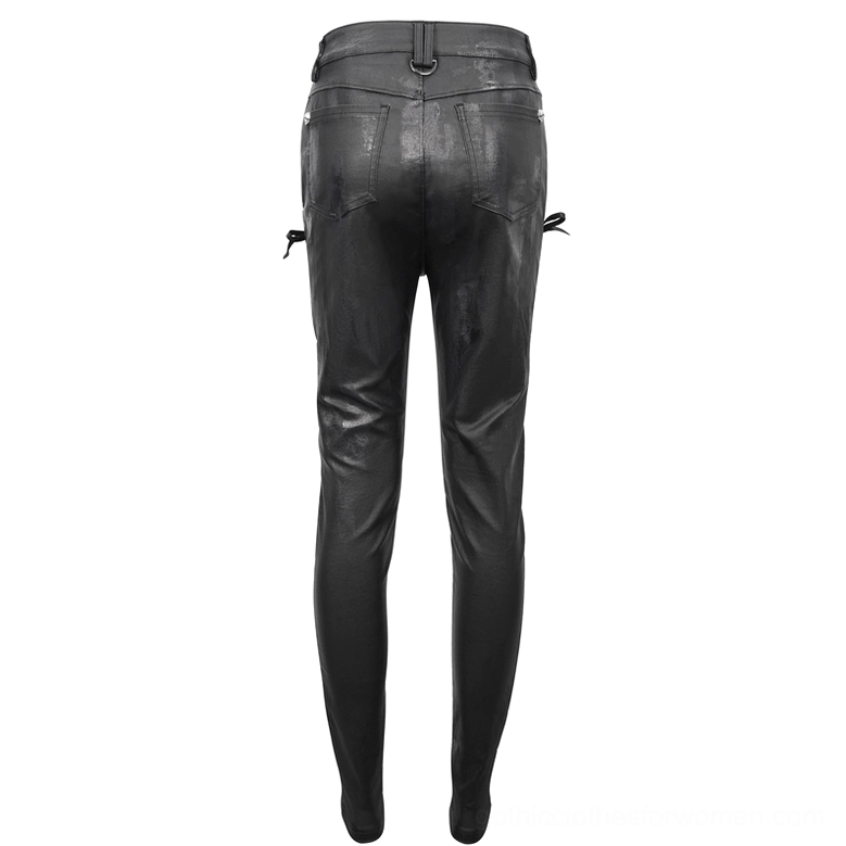 Black lace-up gothic skinny pants flat-lay back view, showing back pockets and side lace-up strap details