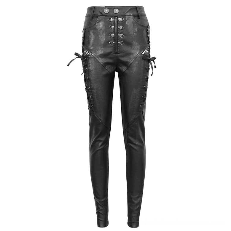 Black lace-up gothic skinny pants flat-lay front view, displaying button-lace closure and side fishnet details on plain background