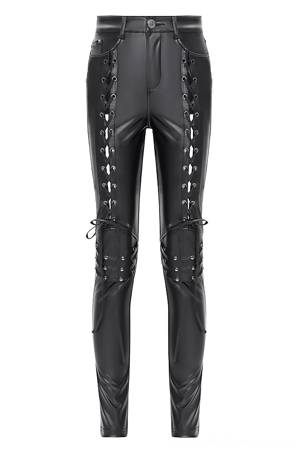 Black gothic lace-up pants flat lay front view, slim fit synthetic leather with full grommet lacing