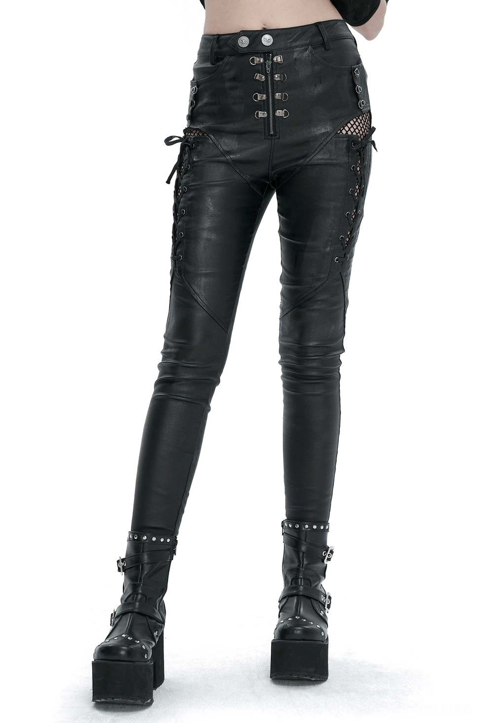 Black lace-up gothic skinny pants front full-body view, featuring side fishnet lace-up panels and metal eyelets on white background