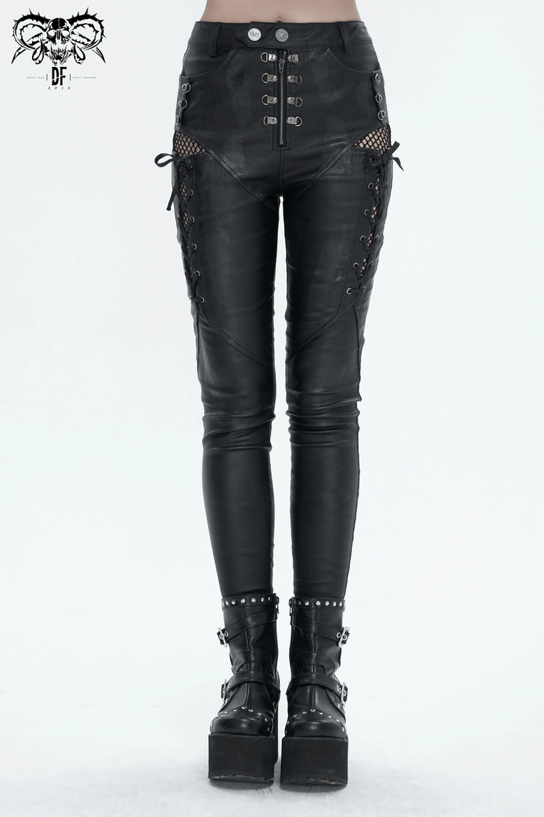Black lace-up gothic skinny pants close-up of metal eyelet hardware and lacing detail showing craftsmanship