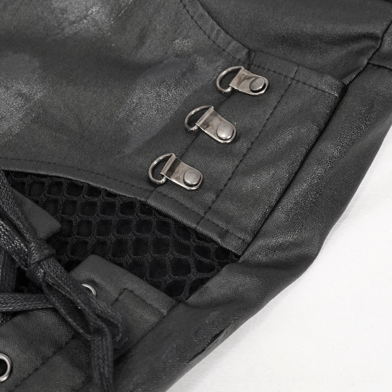 Black lace-up gothic skinny pants side panel close-up detail, showcasing fishnet fabric, metal lace buckles, and matte black faux leather texture
