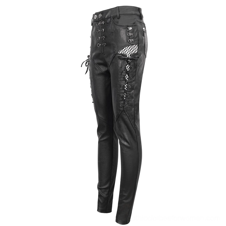 Black lace-up gothic skinny pants three-quarter side view detail, highlighting side fishnet lace-up panels and waist buttons