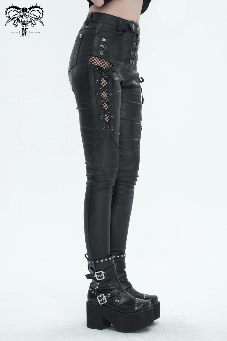 Black lace-up gothic skinny pants full-body view demonstrating slim fit and proportions with alternative styling